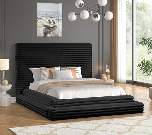 Sleek black platform bed with USB-C & USB-A charging ports, 60" tall headboard, and no box spring needed. Available in Queen and King. Shop Moda Home!
