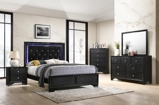 Upgrade your bedroom with the Micah Black LED Upholstered Panel Bedroom Set from Moda Home Furniture. A modern, stylish set with built-in LED lighting.