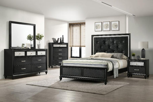 Elevate your space with the Lila Black Upholstered Panel Bedroom Set from Moda Home Furniture. A sleek, modern design with a touch of luxury.