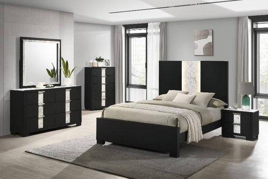 Elevate your space with the Rangley Black LED Panel Bedroom Set from Moda Home. Modern design with built-in LED lighting for a sleek, stylish look.