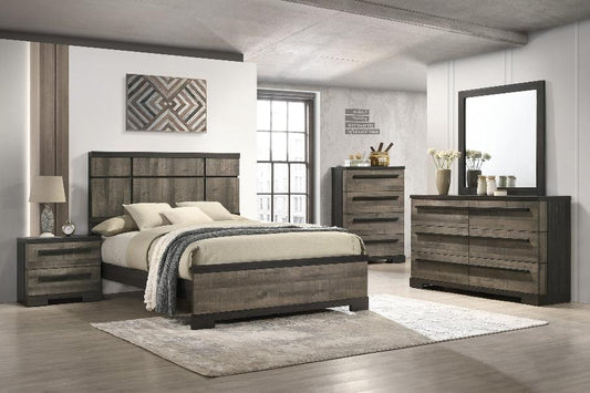 Upgrade your bedroom with the Remington Brown/Gray Panel Bedroom Set from Moda Home Furniture. A stylish blend of rustic charm and modern elegance.