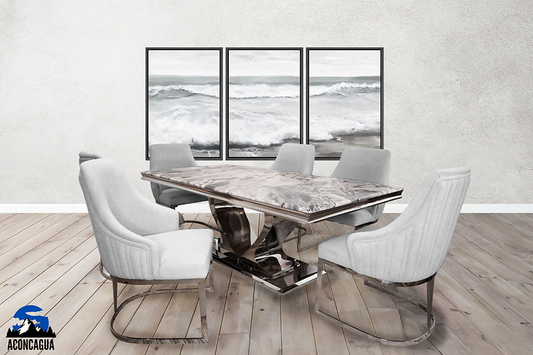 Transform your dining room with the Daisy 7PC Rectangle Marble Dining Set, featuring a marble top and velvet chairs with a unique heart-shaped base.