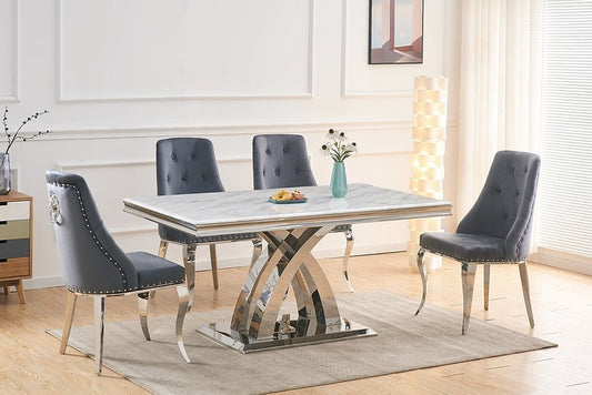 Add luxury to your dining room with the Anastasia 7PC Dining Set, featuring a white faux marble top, velvet chairs, and elegant lion design details.