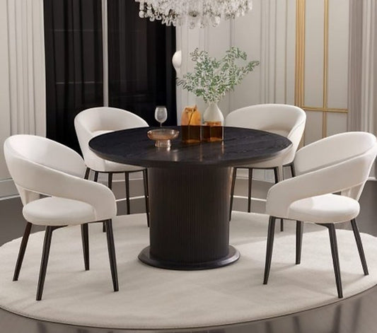 "Bring modern elegance to your dining space with the Jordan 5PC Dining Set, featuring a round table with black veneer base and white velvet upholstered chairs.