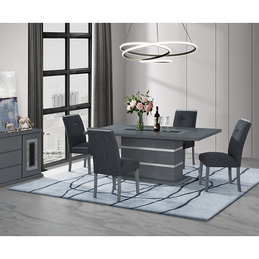 ITEM DETAILS 7 Pc Dining set: 1 Grey top 6 Velvet Fabric grey chairs DIMENSIONS Table: 80 x 41.7 Top: 1.8 Think