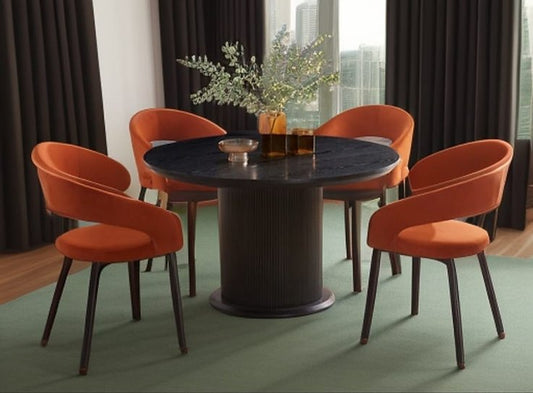 Add vibrant style to your dining room with the Jordan 5PC Dining Set Terracotta, featuring a sleek round table and plush terracotta velvet chairs for modern elegance.
