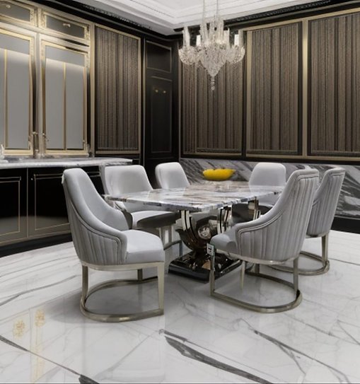 Elevate your dining space with the Rebecca 7PC Rectangle Marble Dining Set, featuring a genuine marble top and plush velvet chairs. Shop now!