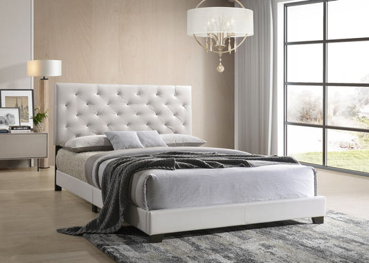 Elegant white platform bed with diamond tufted headboard, slat kit, and no box spring needed. Available in Twin, Full & Queen at Moda Home Furniture. Shop now!