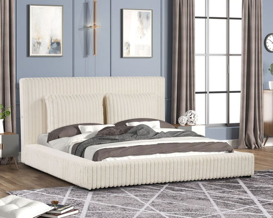Chic beige platform bed with soft upholstery, tall headboard, and no box spring needed. Available in Queen & King. Style meets comfort at Moda Home!