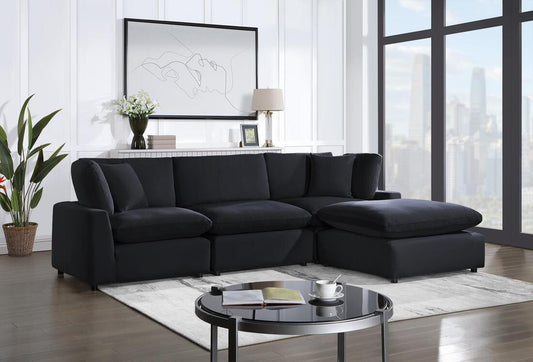 Upgrade your space with the Sky Black Velvet Modular Sectional. Soft velvet, deep seating, and a customizable design for ultimate comfort. Available at Modahf!