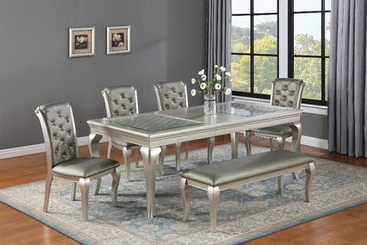 Elevate your dining area with the Caldwell Gray dining set. Stylish woods, veneers, metal & glass construction for a modern, elegant look in any home!