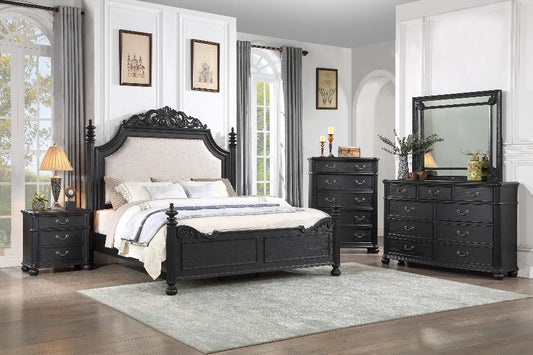 Elevate your space with the Kingsbury Black Bedroom Set, featuring solid wood, veneers, and fabric upholstery. A sleek modern-contemporary design.