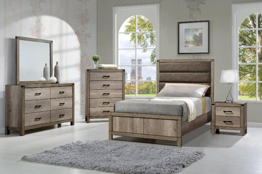 Matteo Melamine Finish Fabric Upholstered Panel Bedroom Set, Heat, Moisture, Stain Resistant, Contemporary Rustic