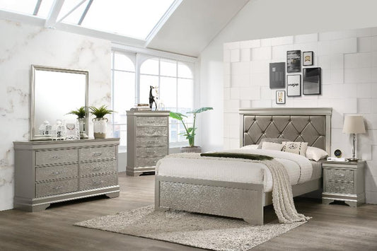 Upgrade your bedroom with the Amalia Silver Faux Leather Tufted Bedroom Set. Features a sleek wood frame and plush upholstery for a luxurious touch.