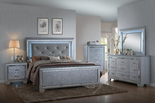 Add luxury to your bedroom with the Lillian Silver Sleek Contemporary LED Upholstered Tufted Bedroom Set. Elegant design meets modern comfort at Moda Home.