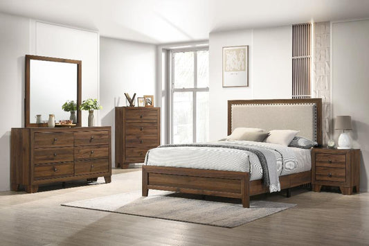 Elevate your space with the Millie Brown Bedroom Set, crafted from solid wood & veneers with a fabric panel upholstered design. Contemporary elegance for any home.