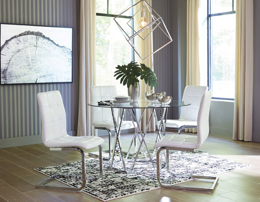 Add elegance to your space with the Ashley Chrome/White set. A modern glass-top dining table with faux leather crystal chairs for a sleek, contemporary look!