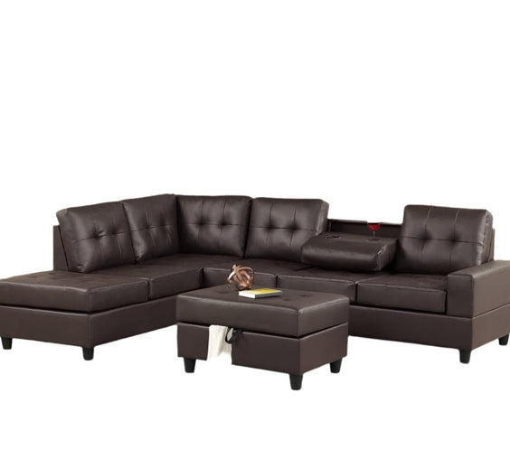 Heights Espresso Faux Leather Reversible Sectional with Storage Ottoman