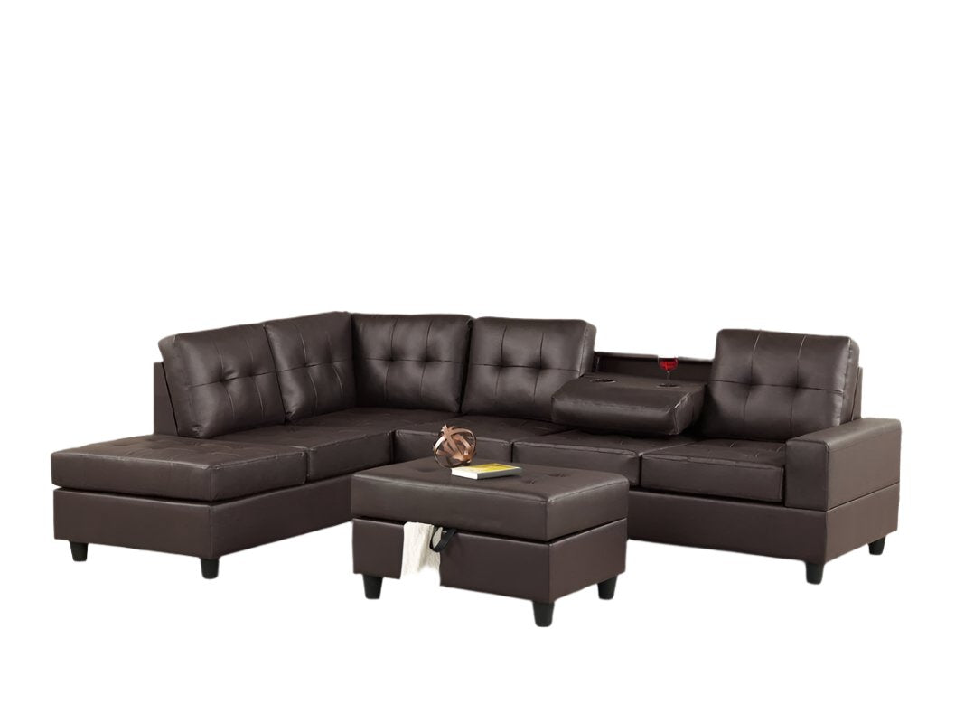 Heights Espresso Faux Leather Reversible Sectional with Storage Ottoman