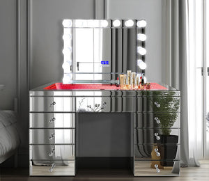 A-VM07 Aryana Vanity & Mirror at Moda Home. Features multicolor LED lights, Bluetooth speakers, and time & date display. Stylish and functional for any space.