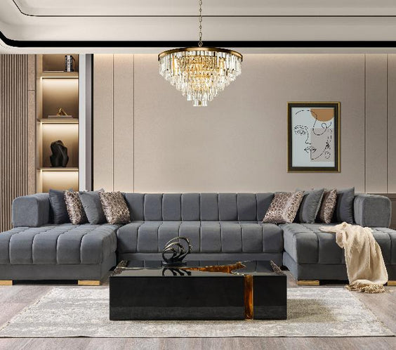 Add elegance with the Ariana Black Velvet Double Chaise Sectional. Luxurious, spacious & durable. Shop now at Moda Home for top-quality modern furniture!