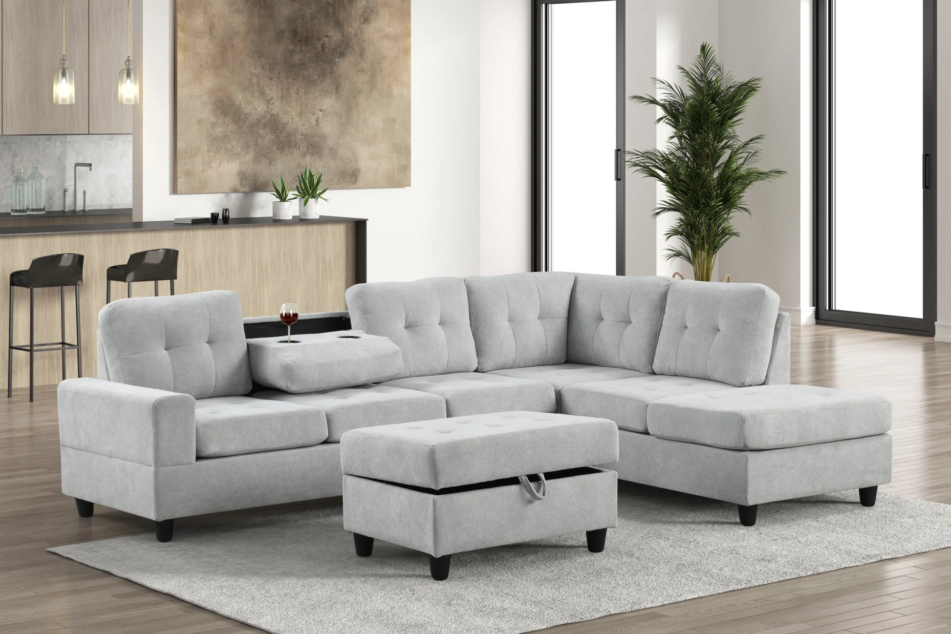 41Heights Reversible Sectional + Ottoman in silver fabric – Moda Home Furniture
