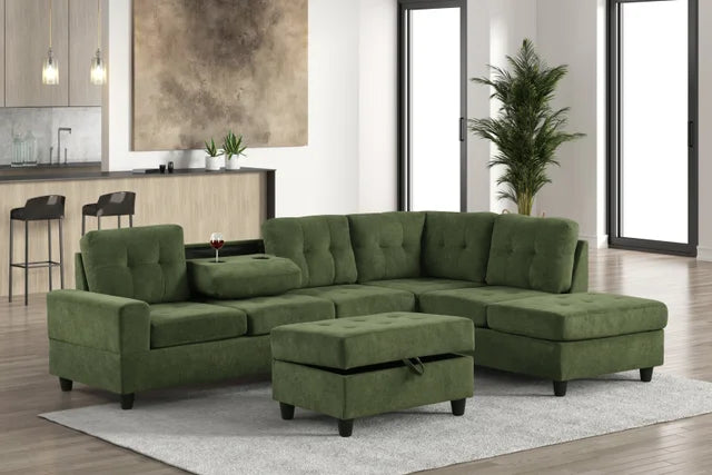 42Heights Reversible Sectional + Ottoman in green fabric – Moda Home Furniture