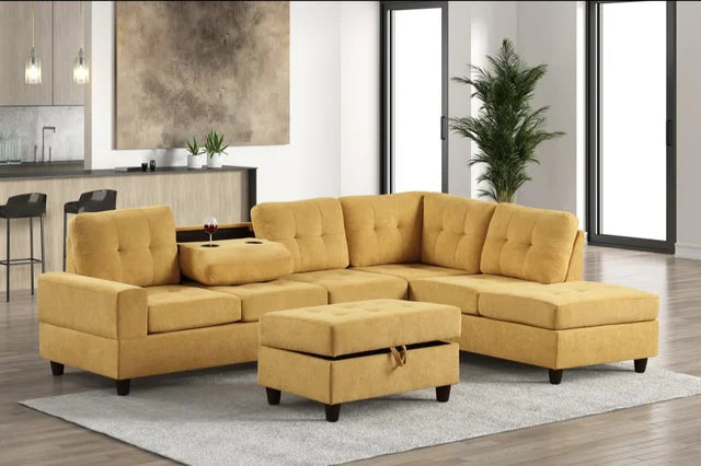 47Heights Reversible Sectional + Ottoman in mustard yellow fabric – Moda Home Furniture