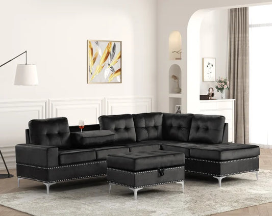 Anserra black velvet reversible sectional with storage ottoman by Moda Home Furniture for elegant living spaces