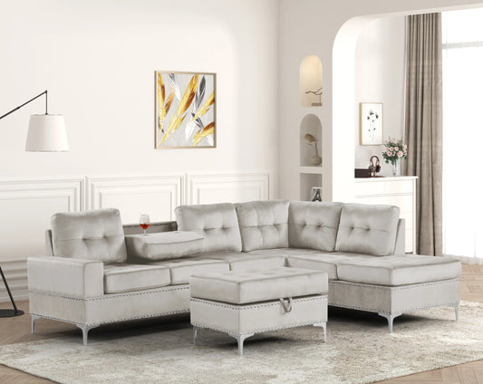 Anserra gray velvet reversible sectional sofa with storage ottoman by Moda Home Furniture