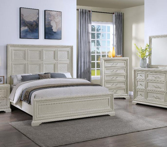 Elevate your space with the Alexandria Whitewash Panel Bedroom Set from Moda Home. A timeless blend of rustic charm and modern elegance.