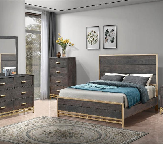 Add elegance to your space with the Trevor Brown/Gold Panel Bedroom Set from Moda Home furniture. A perfect blend of luxury, style, and durability.