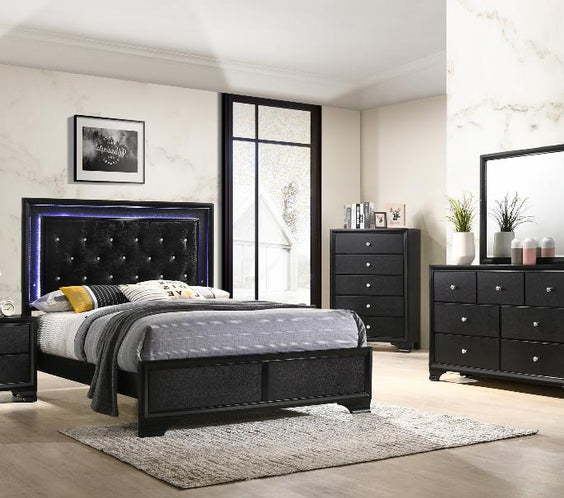 Upgrade your bedroom with the Micah Black LED Upholstered Panel Bedroom Set from Moda Home Furniture. A modern, stylish set with built-in LED lighting.