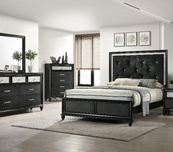 Elevate your space with the Lila Black Upholstered Panel Bedroom Set from Moda Home Furniture. A sleek, modern design with a touch of luxury.