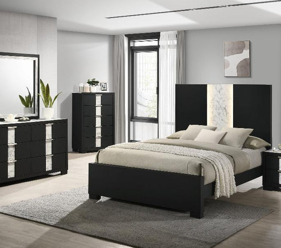Elevate your space with the Rangley Black LED Panel Bedroom Set from Moda Home. Modern design with built-in LED lighting for a sleek, stylish look.