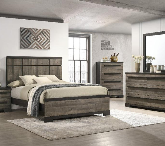 Upgrade your bedroom with the Remington Brown/Gray Panel Bedroom Set from Moda Home Furniture. A stylish blend of rustic charm and modern elegance.
