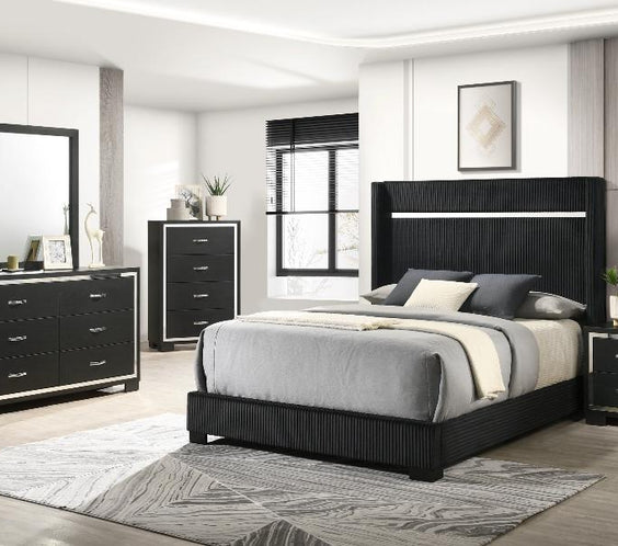 Gennro Black Corduroy Upholstered Panel Bedroom Set