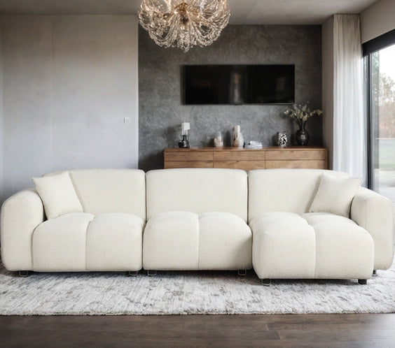 Moda Home Bella Sand fabric sectional sofa with plush cushions in neutral tone