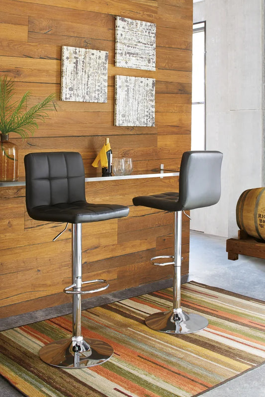 Black swivel barstool set with chrome-tone base, 360-degree swivel – Moda Home Furniture

