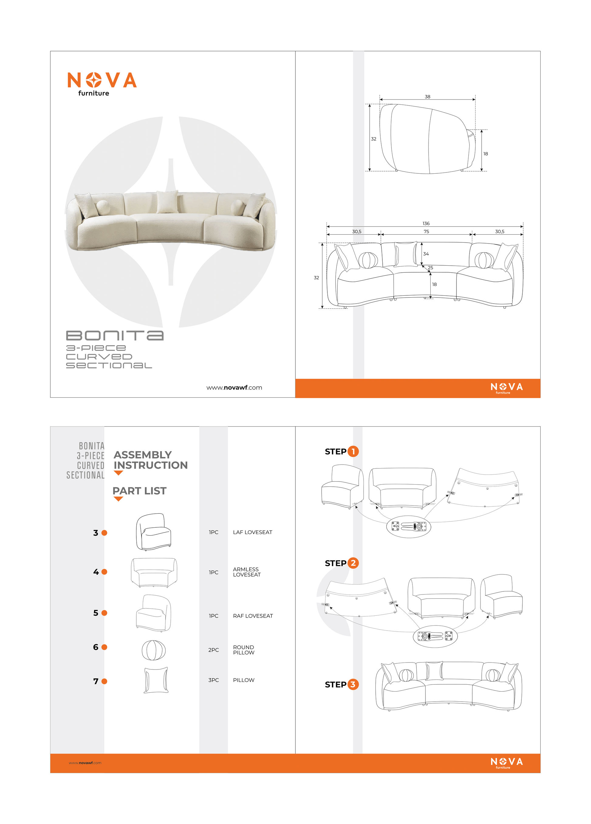 Bonita Ivory Boucle 3-Piece Curved 138" Sectional