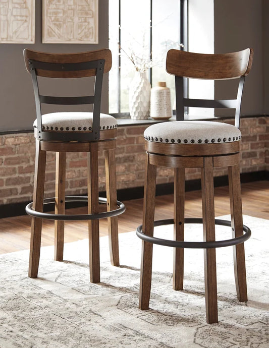 Brown swivel barstool with cushioned seat and black metal frame – Moda Home Furniture