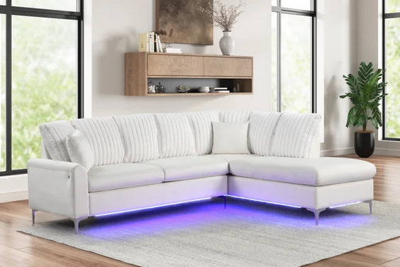 Moda Home Candy Beige reversible LED sectional sofa with chaise and ambient lighting