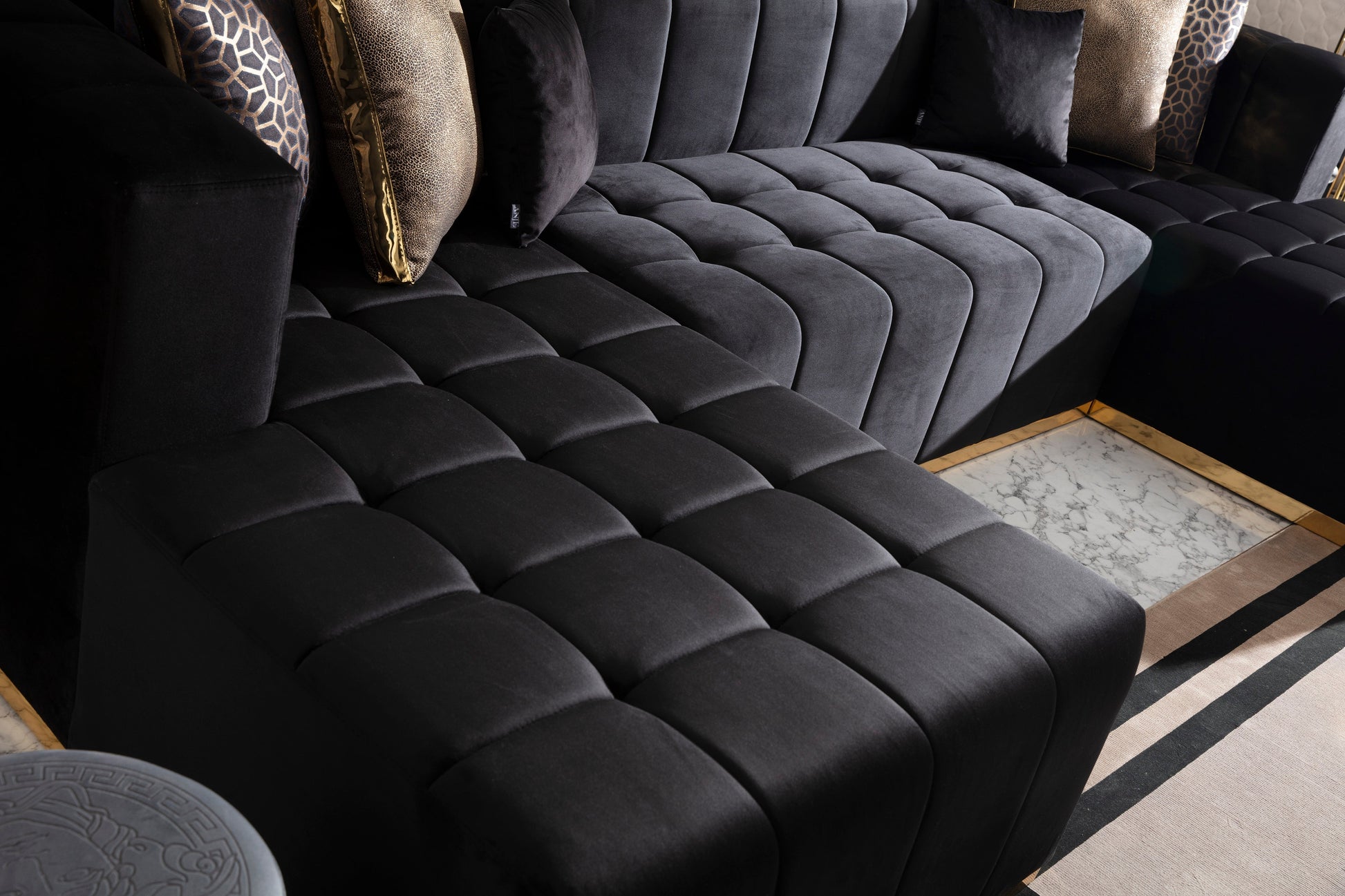 Elisha Black Velvet Double Chaise 140" Sectional [ETA: 9/10]