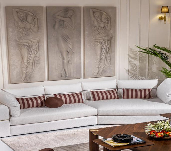 AMORA 2 Pc Sectional Oatmeal Eggshell Walnut