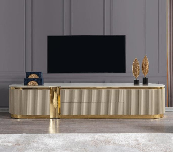 Elevate your living space with the Milena Ivory TV Stand from Moda Home Furniture. Stylish, durable, and perfect for modern home entertainment setups.