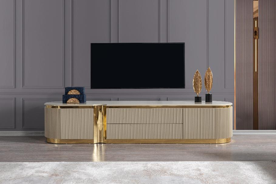 Elevate your living space with the Milena Ivory TV Stand from Moda Home Furniture. Stylish, durable, and perfect for modern home entertainment setups.