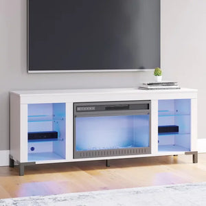 Modern TV stand with LED fireplace & storage. Cozy up in style. Shop now at Moda Home Furniture for home entertainment elegance.
