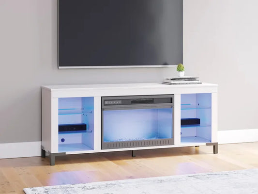 Modern TV stand with LED fireplace & storage. Cozy up in style. Shop now at Moda Home Furniture for home entertainment elegance.