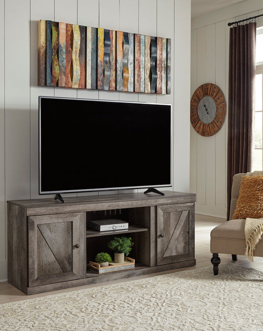 Modern gray 60-inch TV stand with open shelves and side storage – Moda Home Furniture


