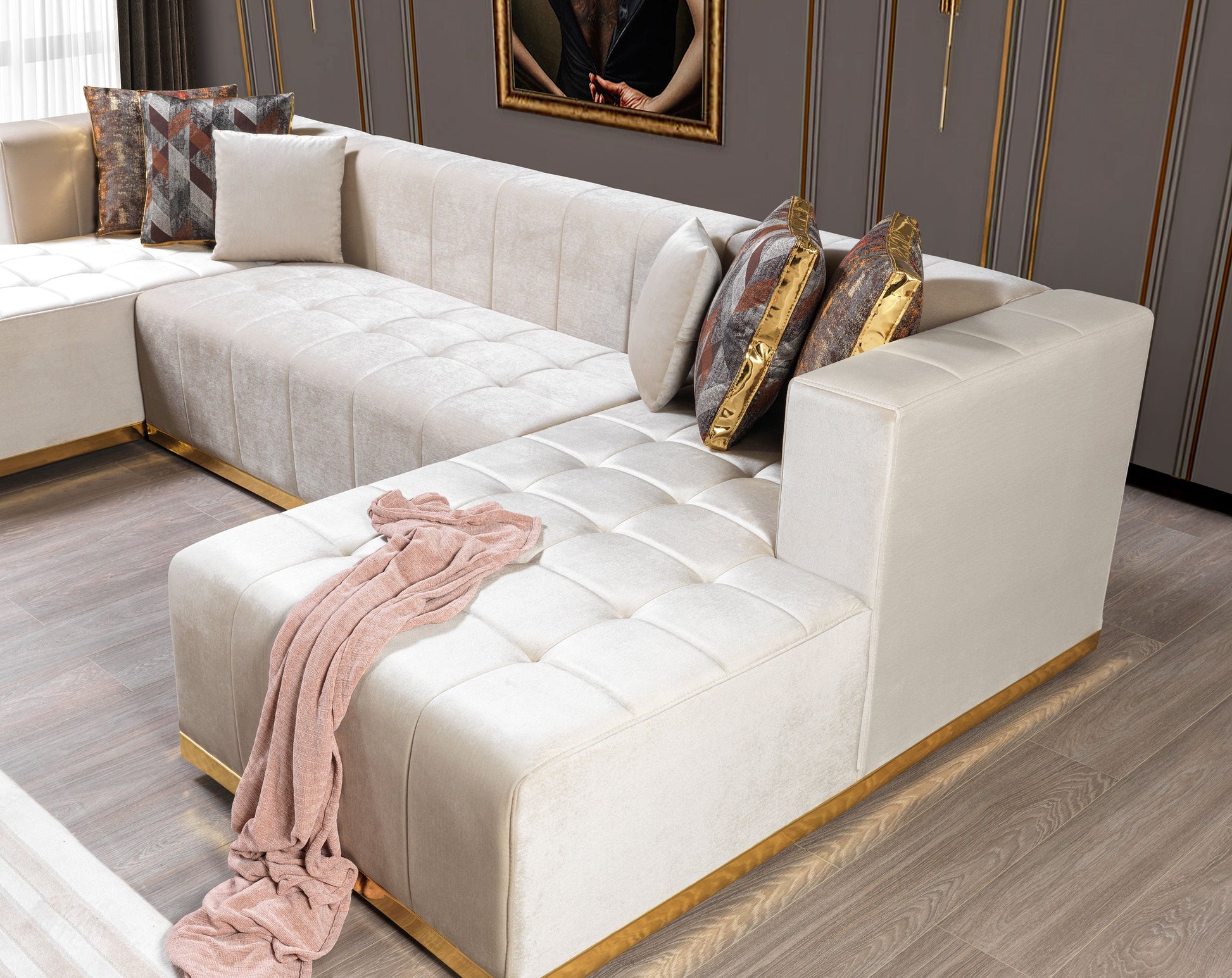 Elisha Ivory Velvet Double Chaise 140" Sectional [ETA: 9/10]